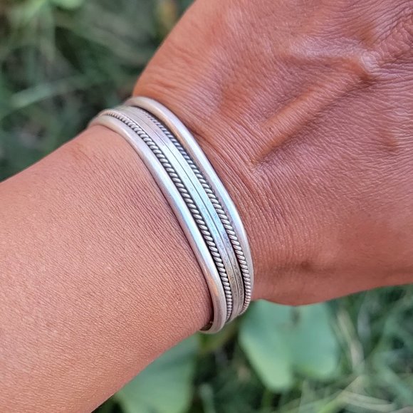 Native American smooth band + rope border + split band five shank 925 sterling - Picture 2 of 13